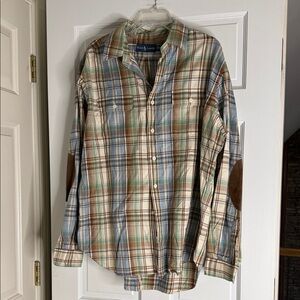 Ralph Lauren Blue Label Plaid Shirt in Earth Tones suede elbow patches.